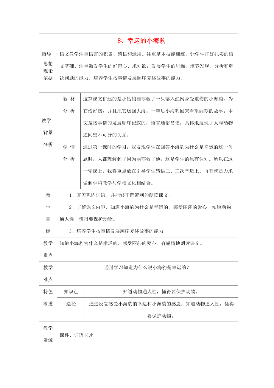 二年级语文下册《幸运的小海豹》教学设计 北京版 教案.doc_第1页