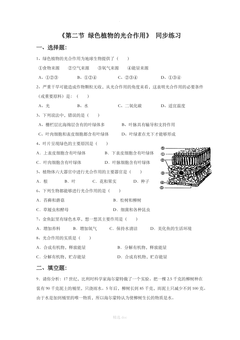 《第二节 绿色植物的光合作用》 同步练习1.doc_第1页