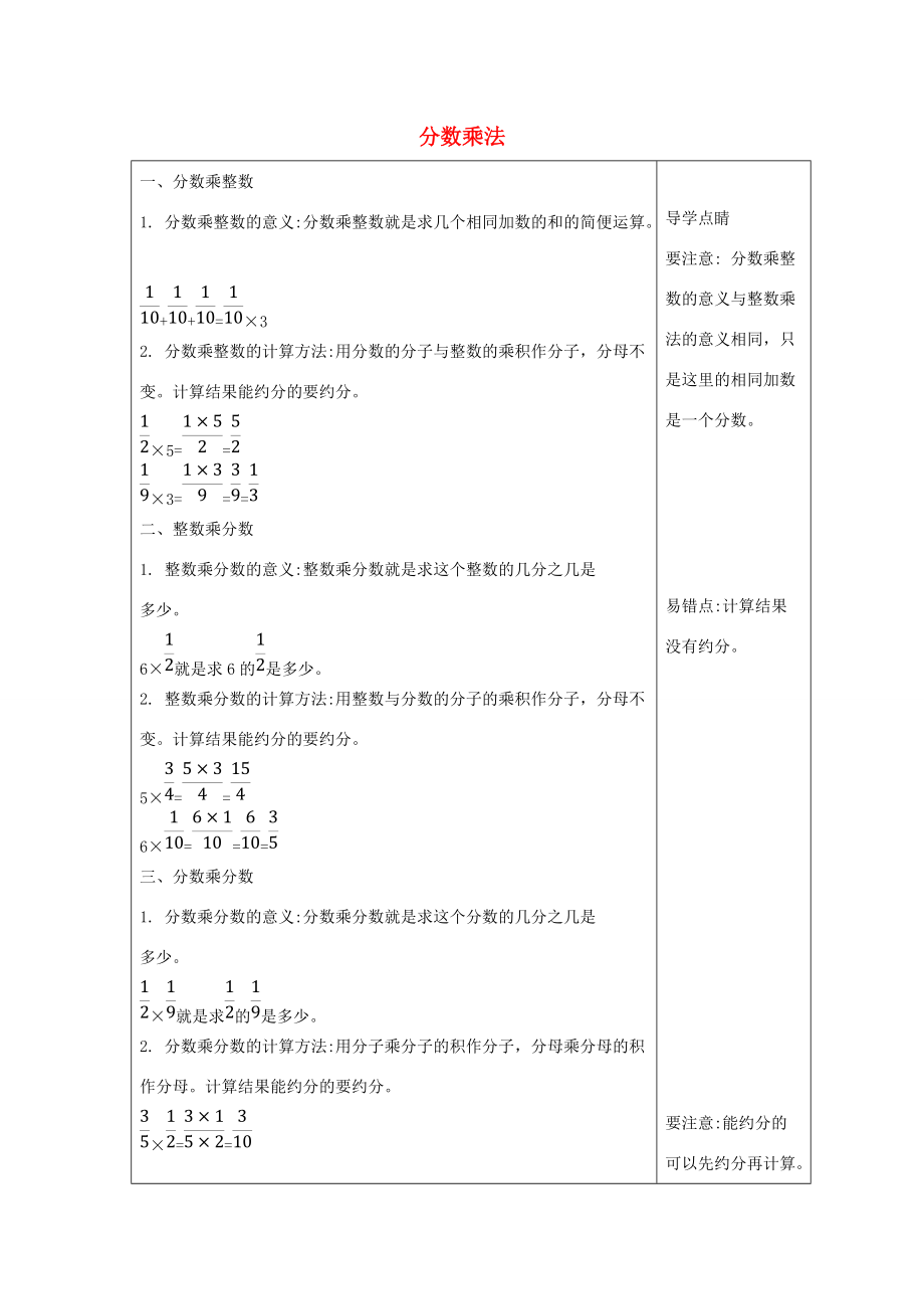 五年级数学下册 3 分数乘法知识清单素材 北师大版 素材.doc_第1页