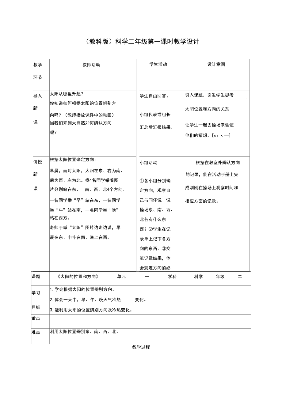 教科版《太阳的位置和方向》优秀公开课教案1.docx_第1页