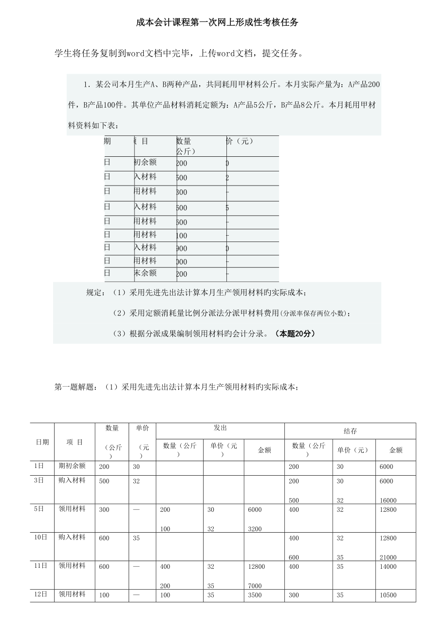 2022年度成本会计课程第一次网上形成性考核任务汇总.doc_第1页