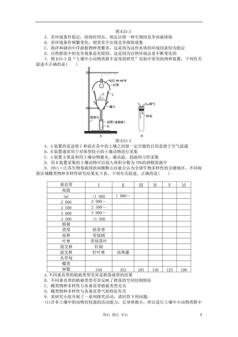 2013届高三生物一轮复习课时作业 第33讲 群落的结构特征和群落演替 新人教版.doc_第2页
