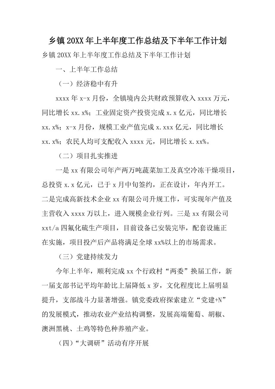 乡镇20XX年上半年度工作总结及下半年工作计划.docx_第1页