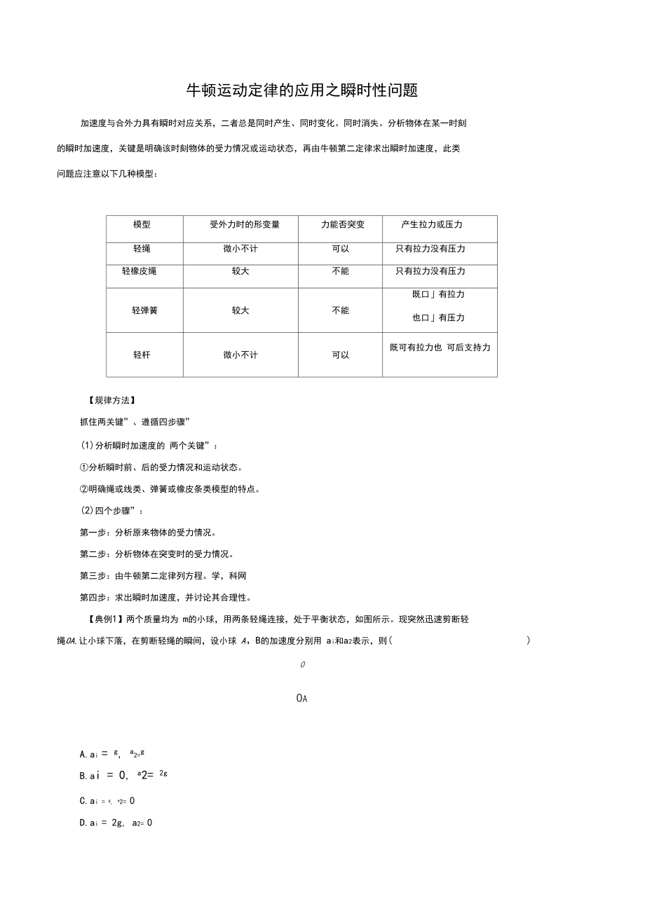 牛顿运动定律的应用之瞬时性问题(解析版).docx_第1页