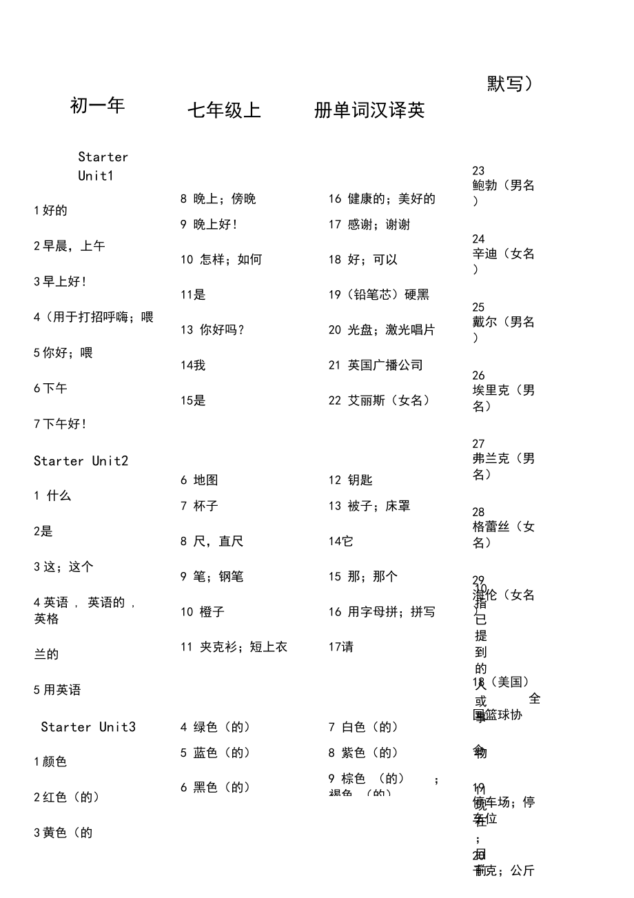 人教版七年级上册英语单词汉语版默写英语单词.docx_第1页