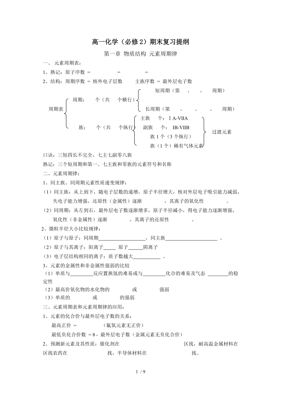 高一化学必修二复习提纲.doc_第1页