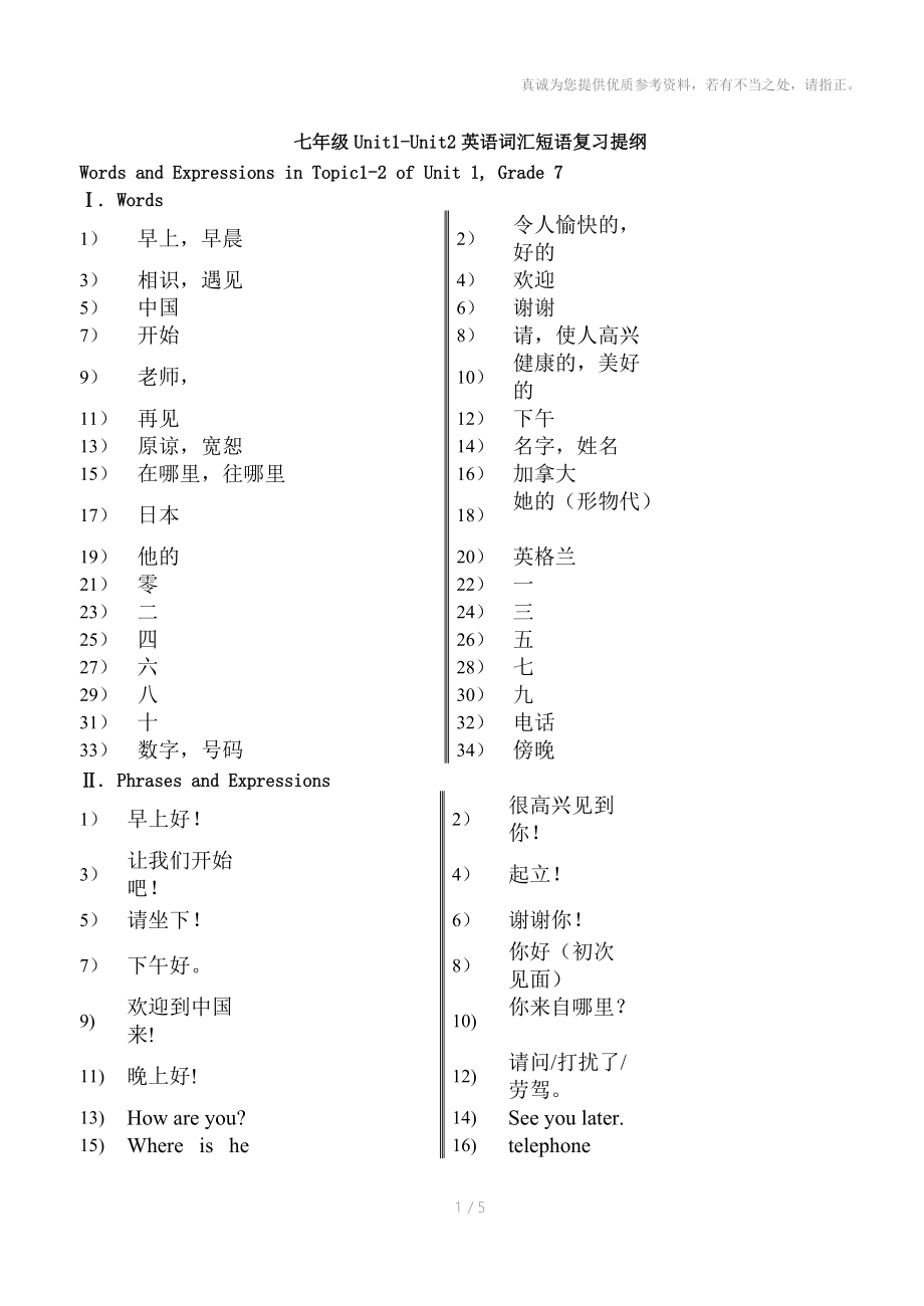 七年级Unit1-Unit2英语词汇短语复习提纲.doc_第1页