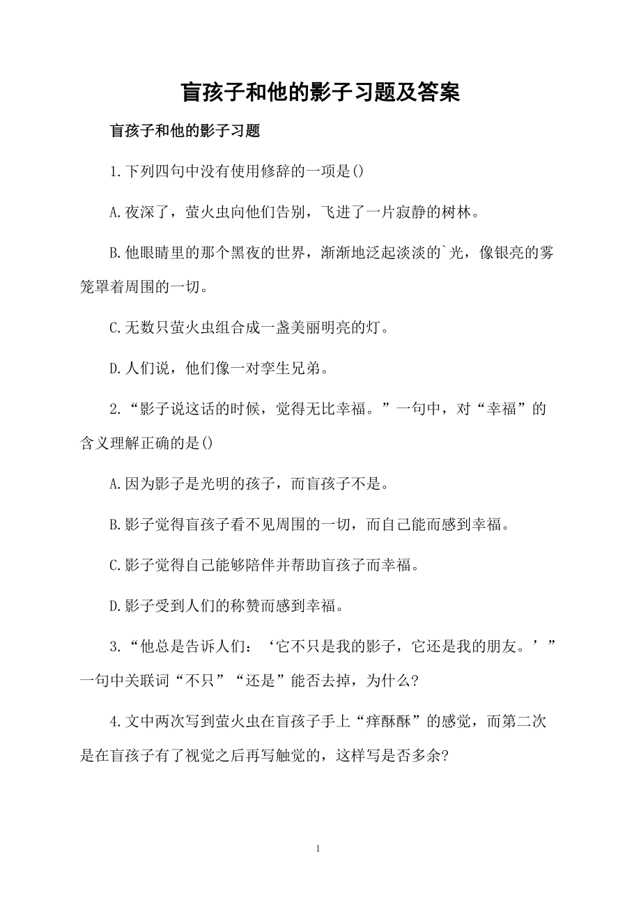 盲孩子和他的影子习题及答案.docx_第1页