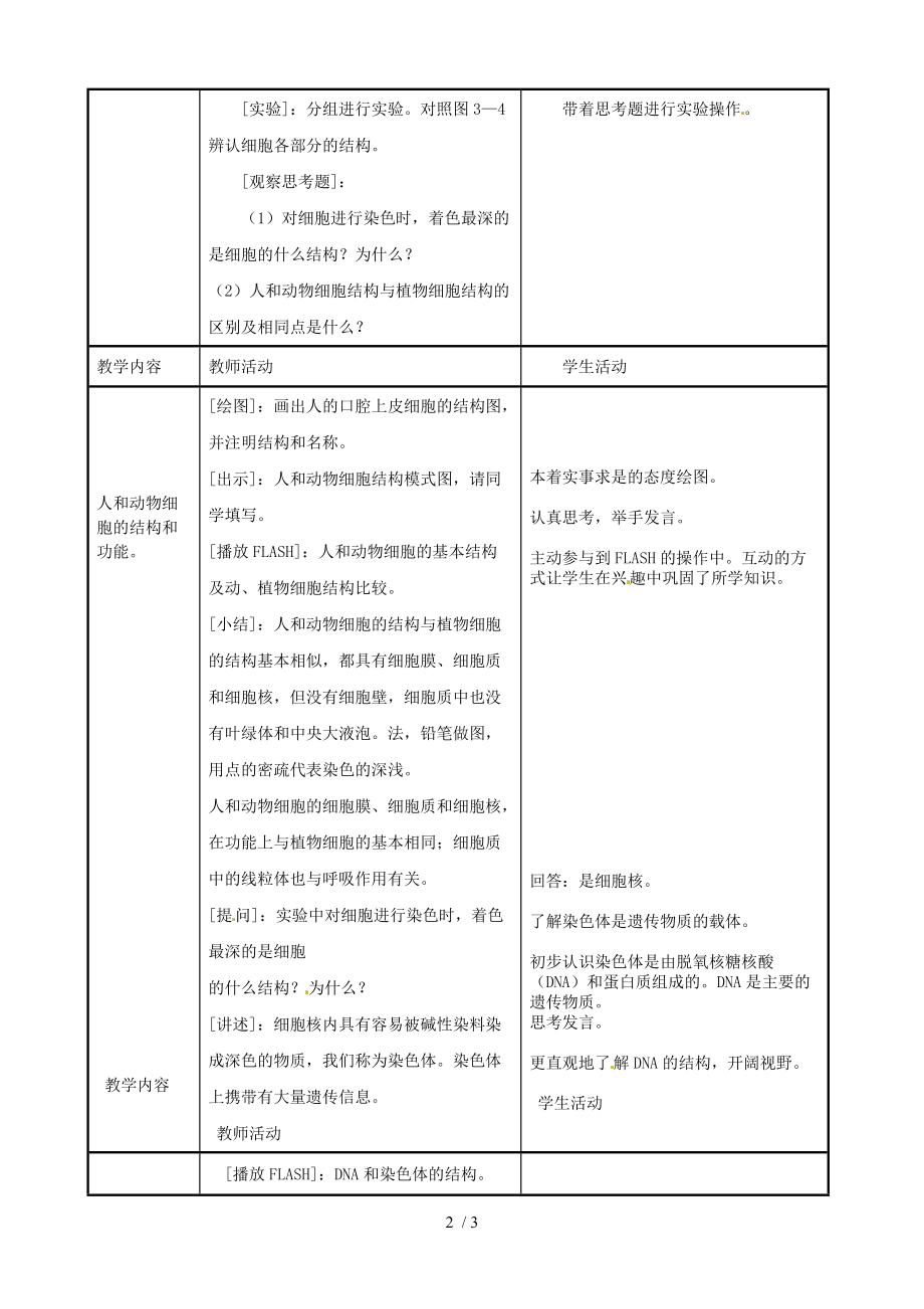 苏教版初中生物七上 2.3.2 人和动物细胞的结构和功能 教案 (1).doc_第2页