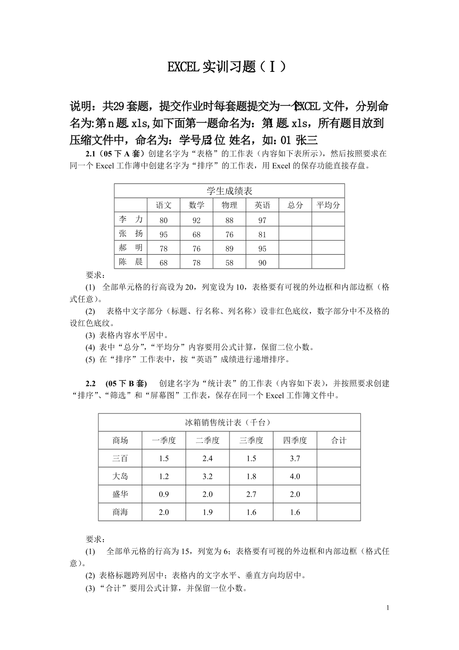 EXCEL实训习题要点.doc_第1页