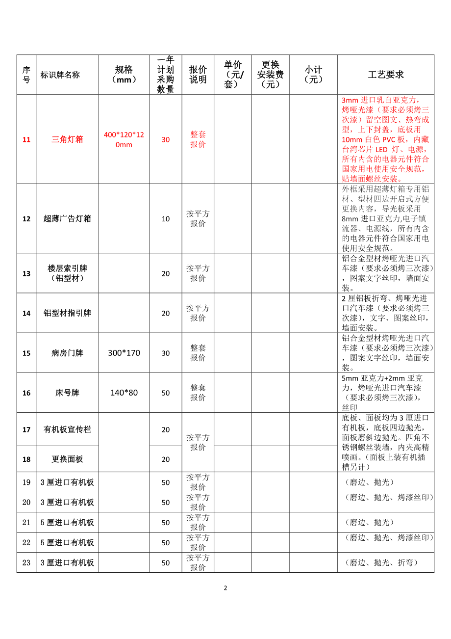 包一宣传物料类—医院标识需求表及报价单.doc_第2页