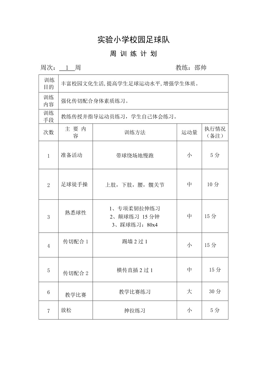 2021-2022年实验小学校园足球队训练计划.doc_第1页