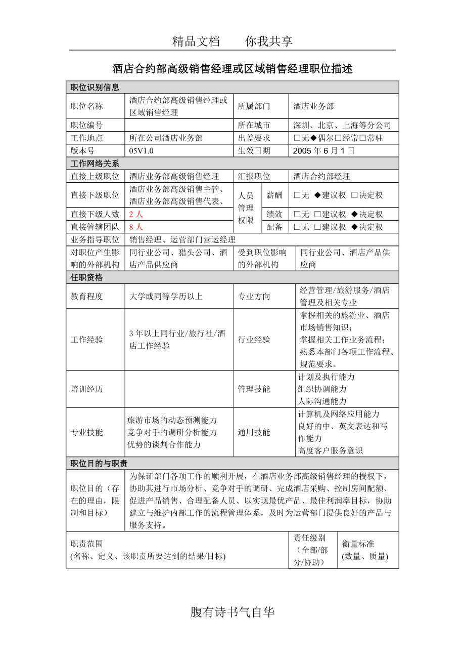 精品资料（2021-2022年收藏）酒店合约部高级销售经理或区域销售经理职位描述.doc_第1页