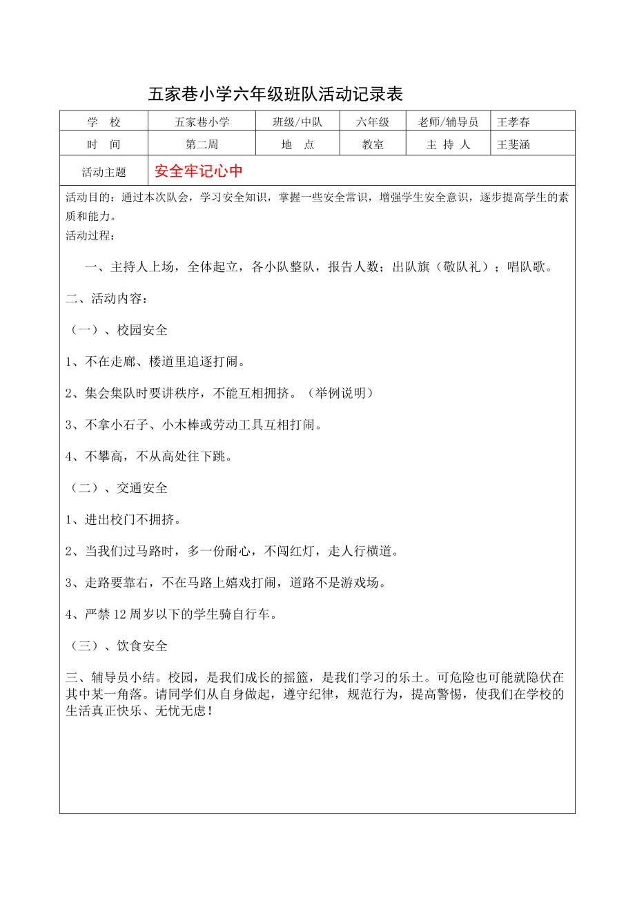 精品资料（2021-2022年收藏）六年级班队活动记录表[1].doc_第1页