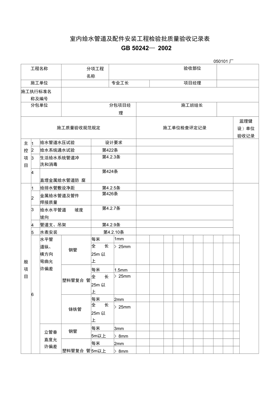 给水排水及采暖工程检验批质量验收记录表.doc_第1页