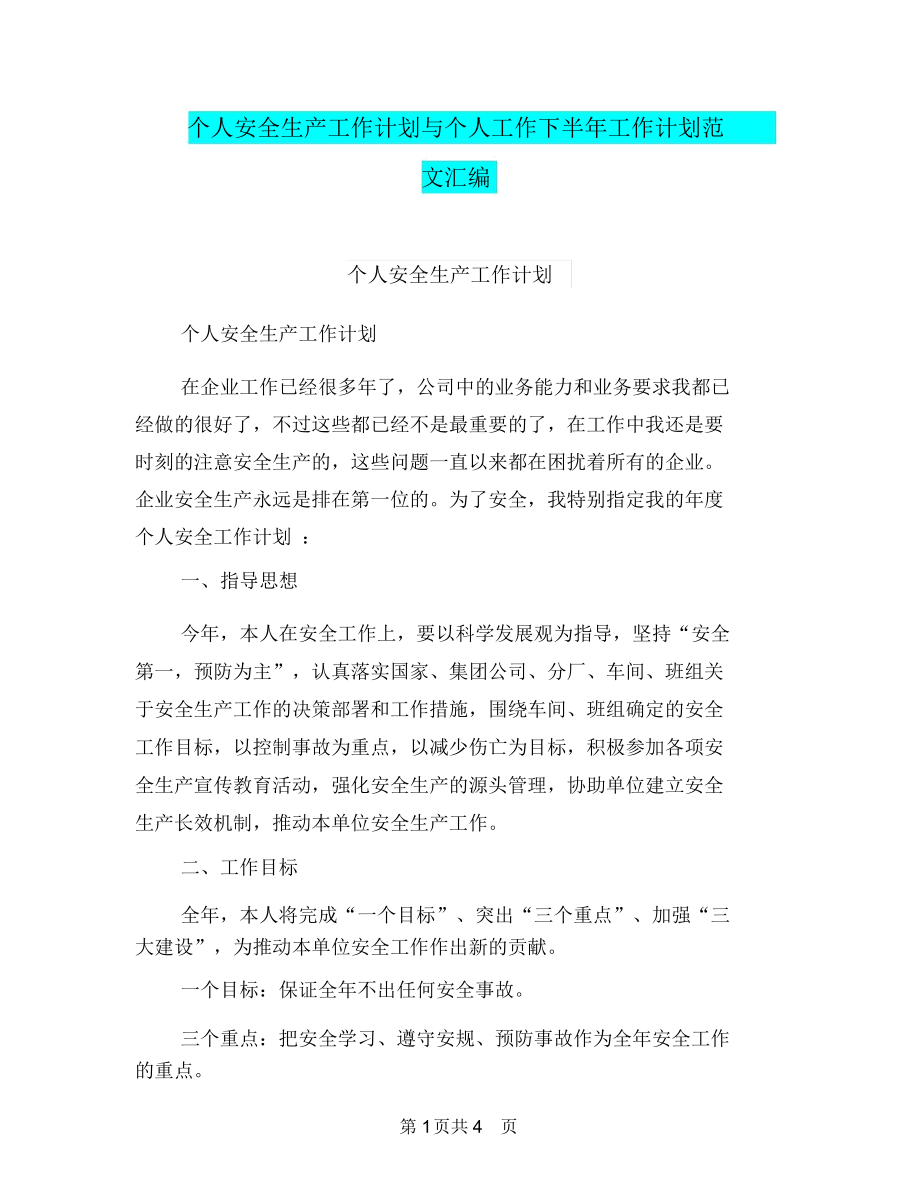 个人安全生产工作计划与个人工作下半年工作计划范文汇编.docx_第1页