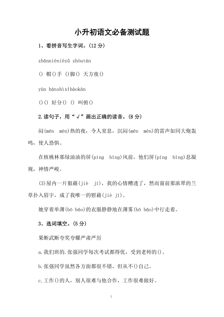 小升初语文必备测试题.docx_第1页