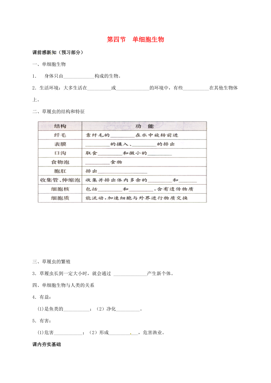 七年级生物上册 2.4 单细胞生物导学案 （新版）新人教版-（新版）新人教版初中七年级上册生物学案.doc_第1页