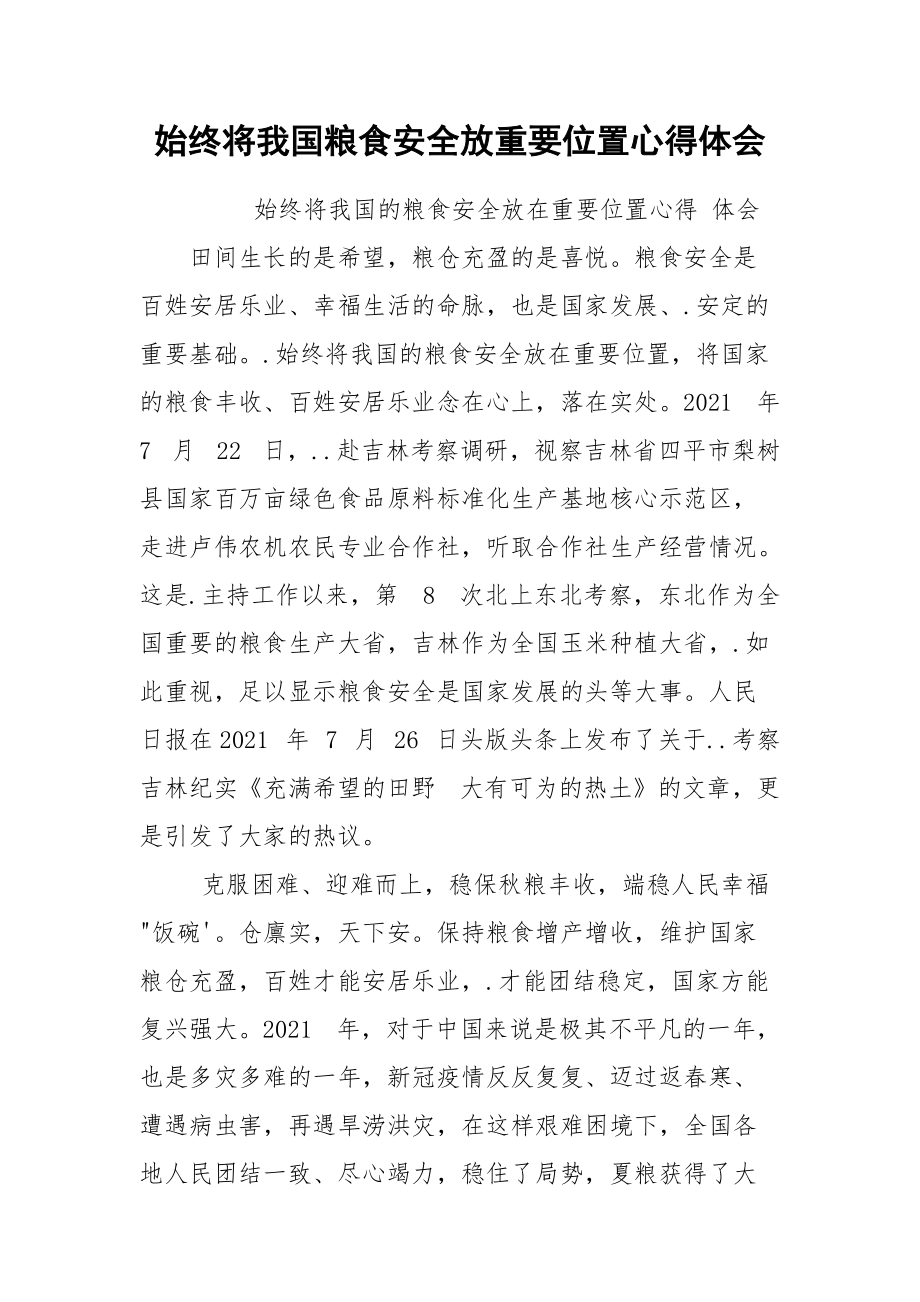 始终将我国粮食安全放重要位置心得体会.docx_第1页