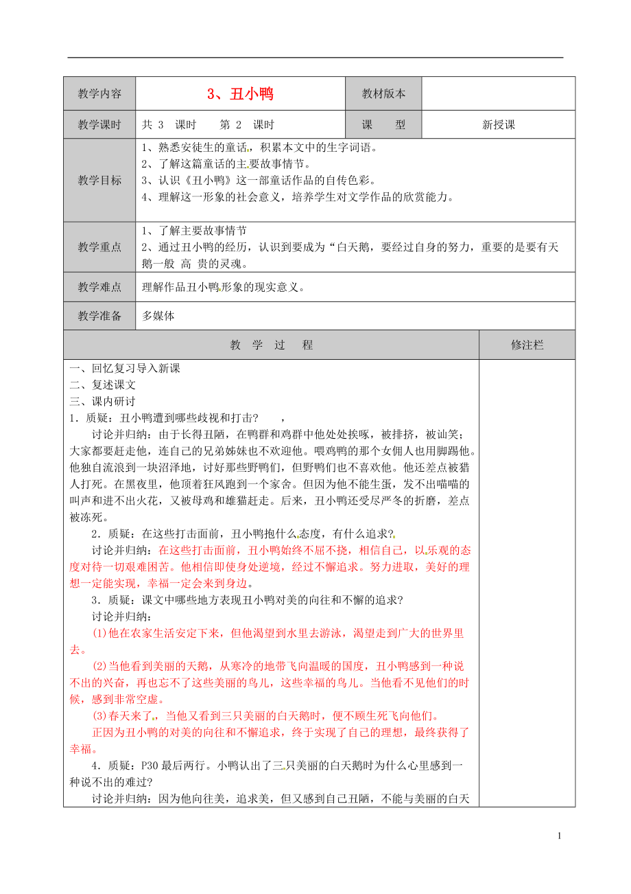 徐州市黄山外国语学校七年级语文下册《丑小鸭（2）》教案 新人教版.doc_第1页