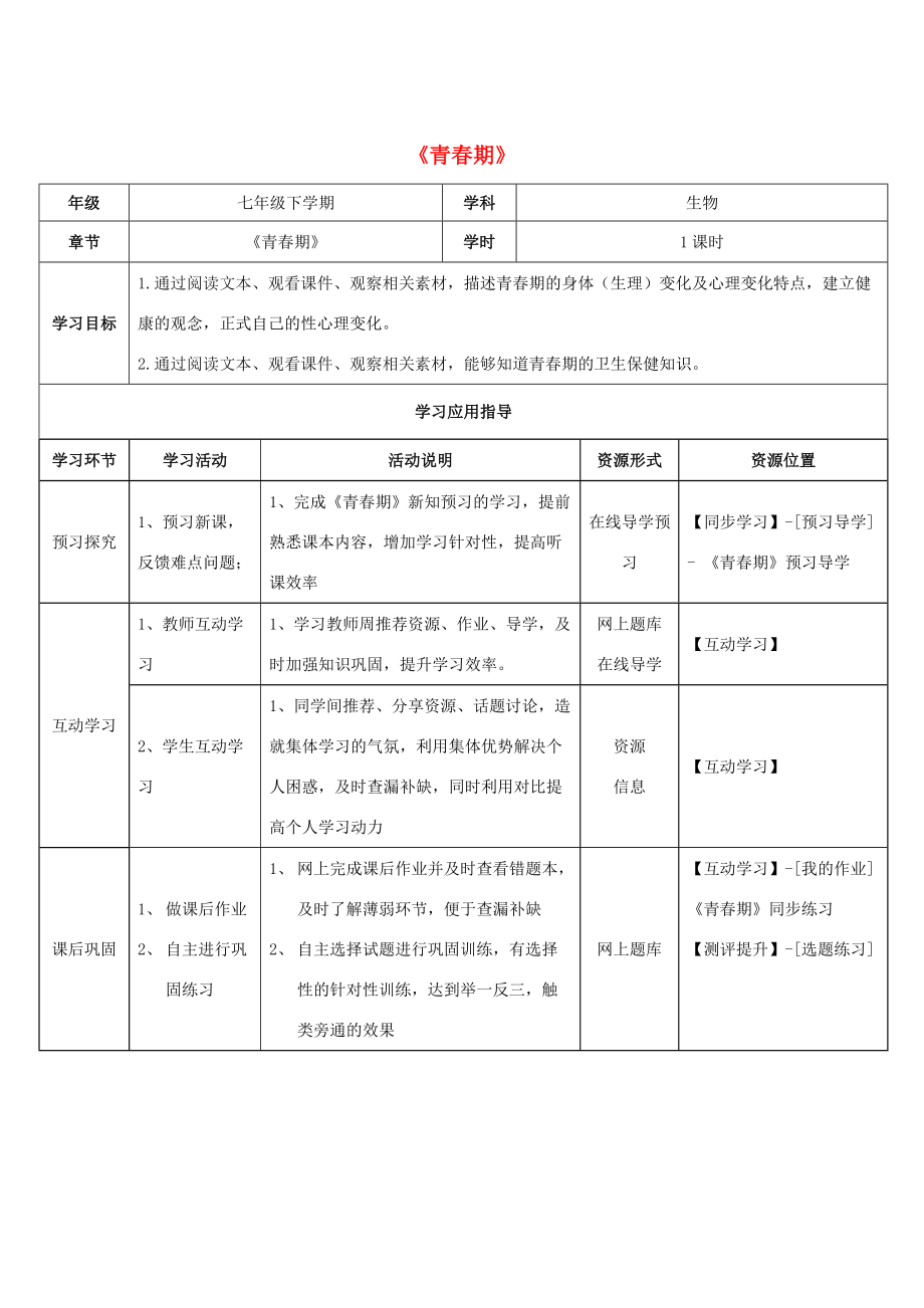 七年级生物下册 第四单元 第一章 第三节《青春期》学生学习应用指导 新人教版.doc_第1页