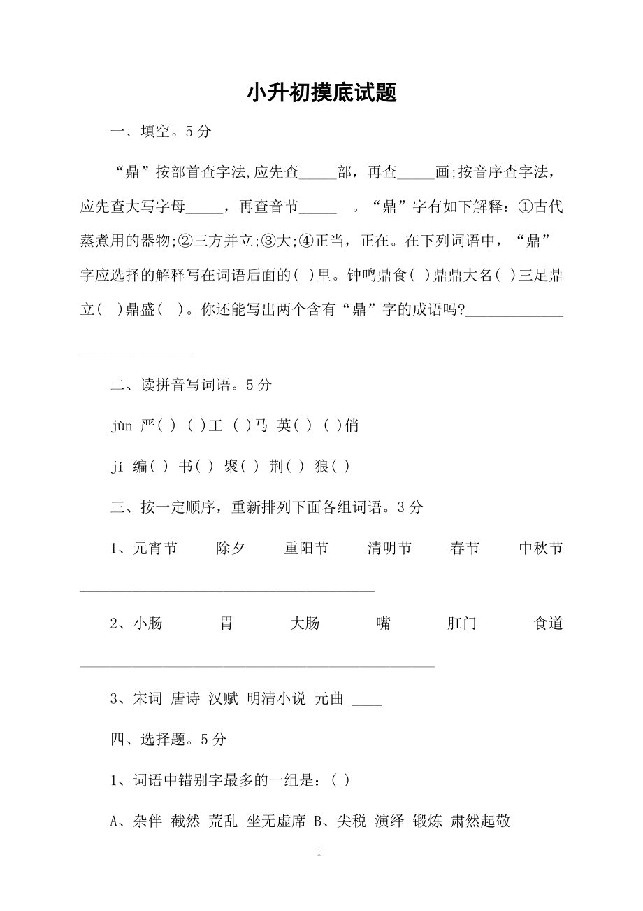 小升初摸底试题.docx_第1页