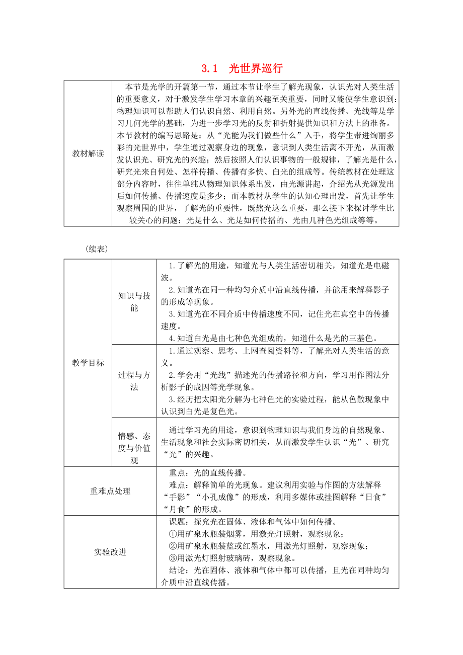 八年级物理上册 3.1光世界巡行导学设计 （新版）粤教沪版-（新版）粤教沪版初中八年级上册物理学案.doc_第1页