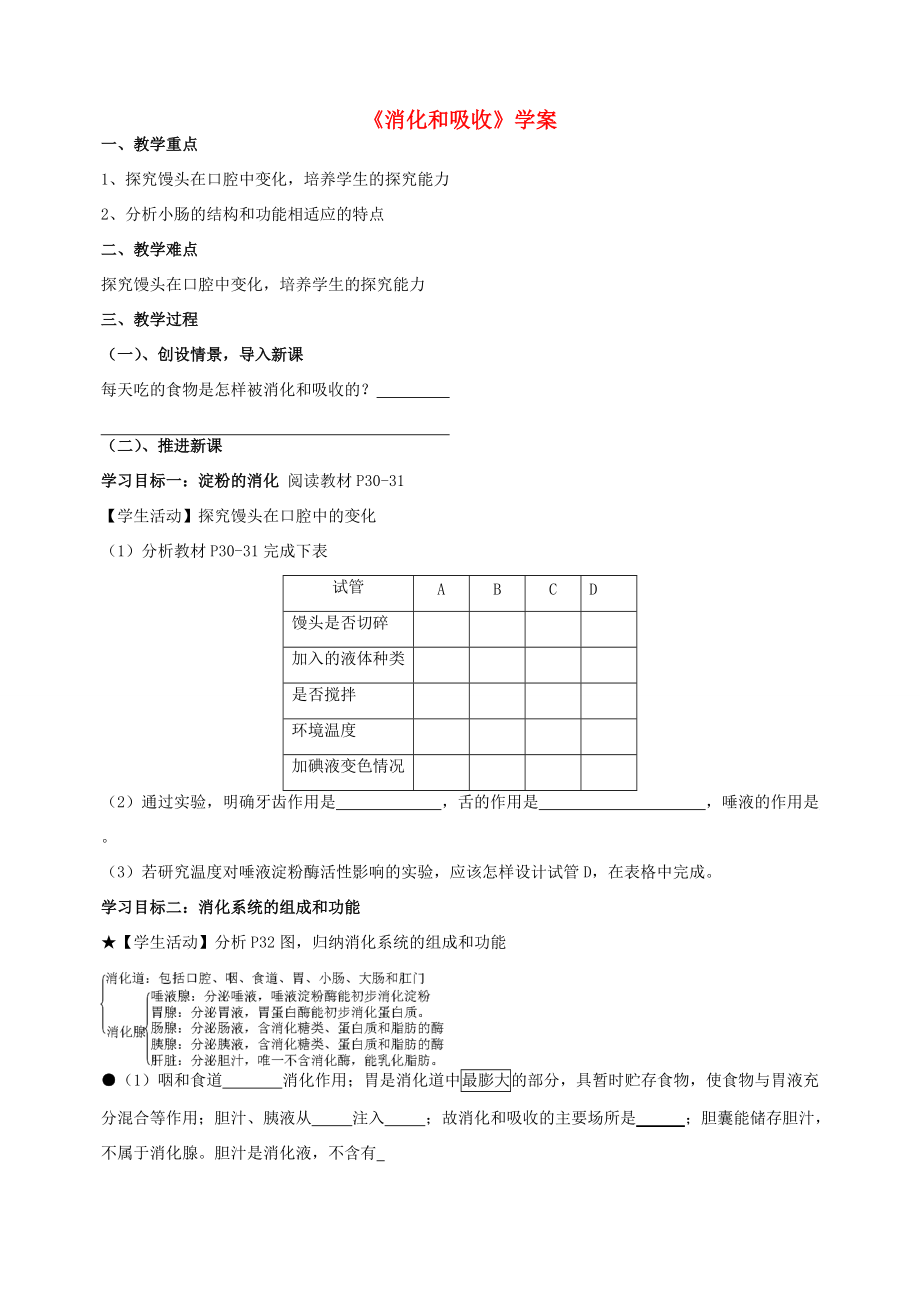 云南省龙陵县七年级生物 《消化和吸收》学案 人教新课标版.doc_第1页