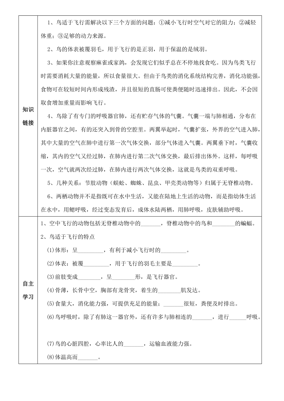 八年级生物上册 第五单元 第一章 第三节 空中飞行的动物学案 人教新课标版.doc_第2页