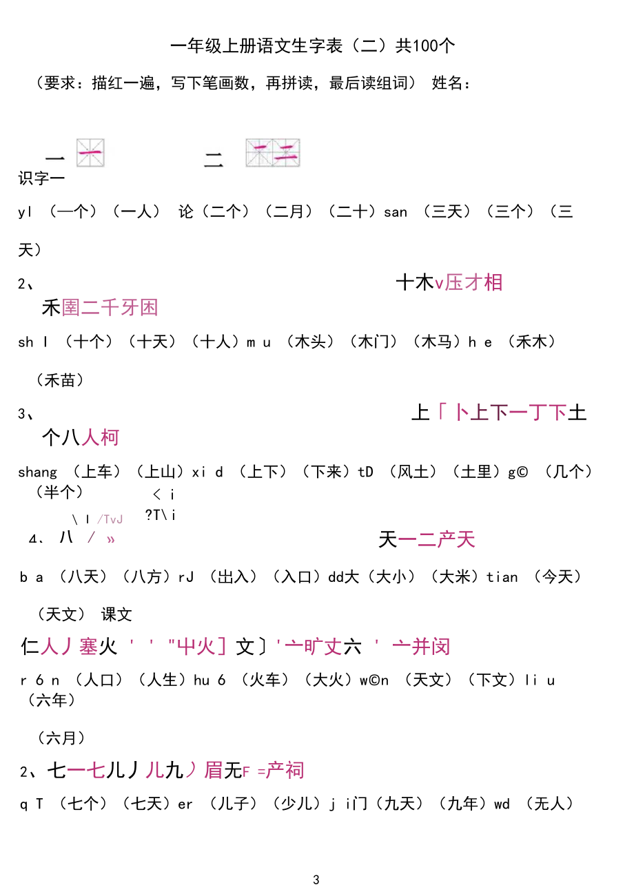 一年级上册语文生字表(笔顺和组词).docx_第3页