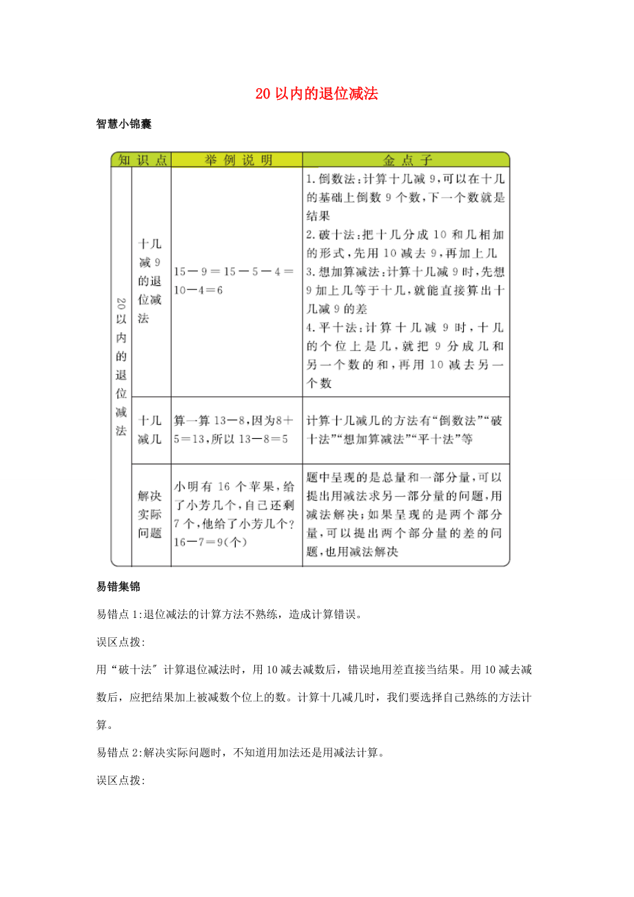 一年级数学下册 1 的退位减法知识清单素材 苏教版.docx_第1页