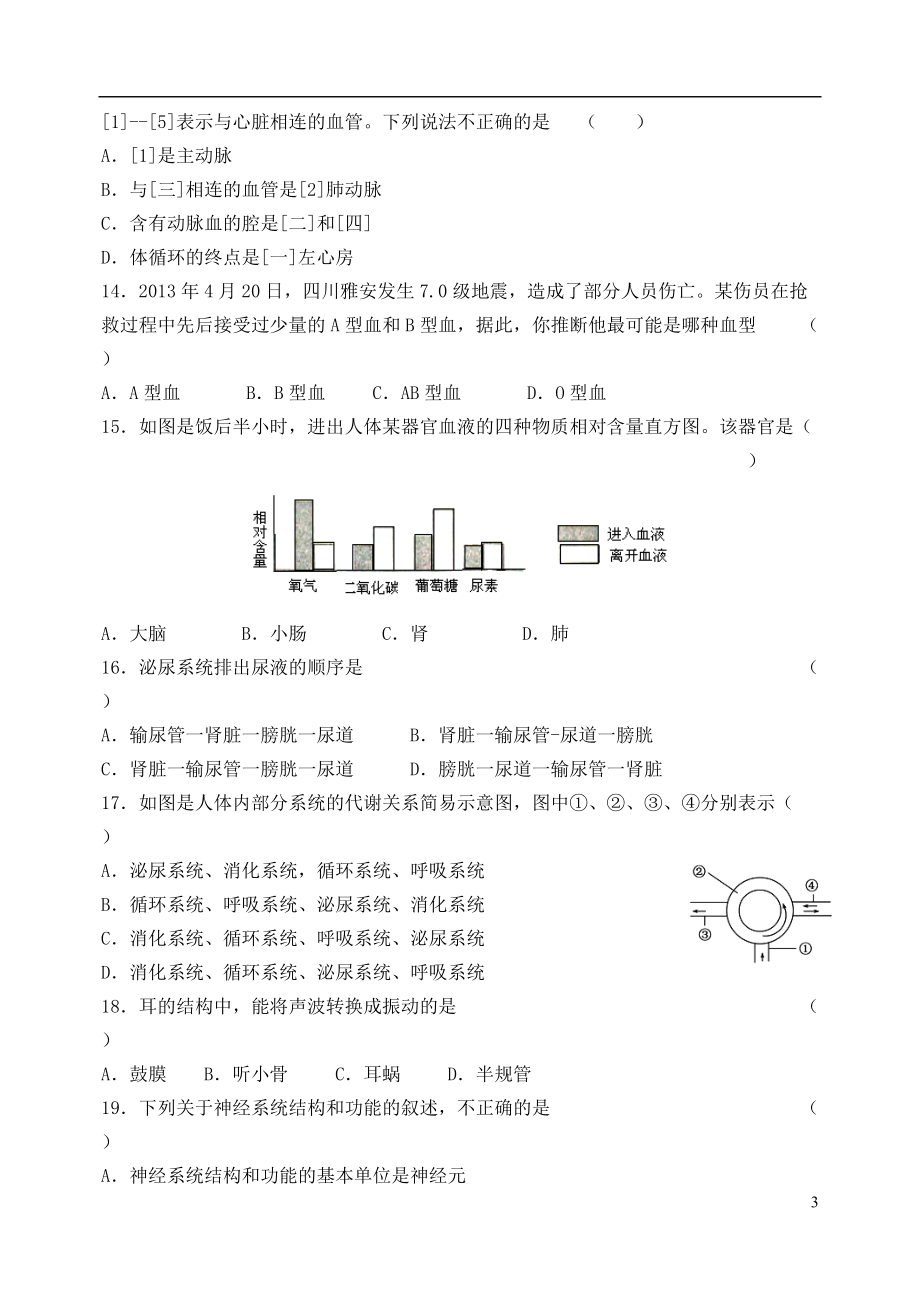 湖南省衡阳县夏明翰中学2021_2021学年七年级生物下学期期末模拟考试新人教版.doc_第3页