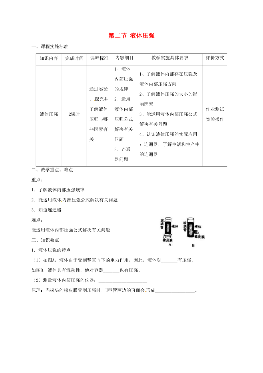 山东省乐陵市八年级物理下册 9.2液体压强导学案 （新版）新人教版-（新版）新人教版初中八年级下册物理学案.doc_第1页