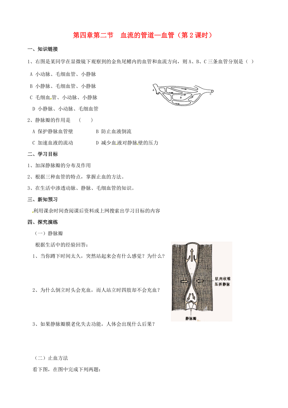 湖南省衡阳市逸夫七年级生物下册 第四章 第二节 血流的管道--血管（第2课时）学案（无答案）.doc_第1页