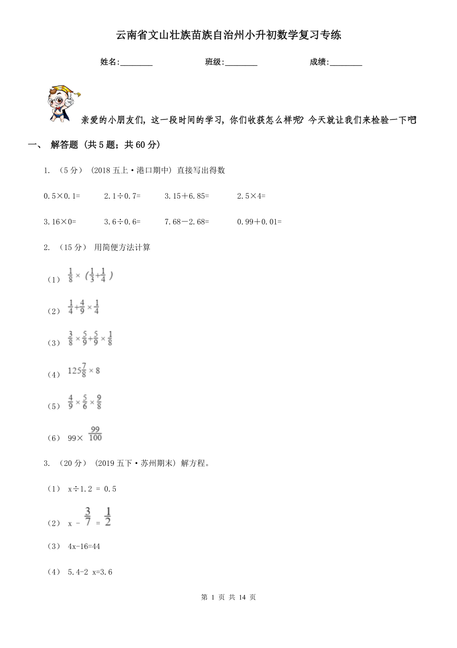 云南省文山壮族苗族自治州小升初数学复习专练.doc_第1页