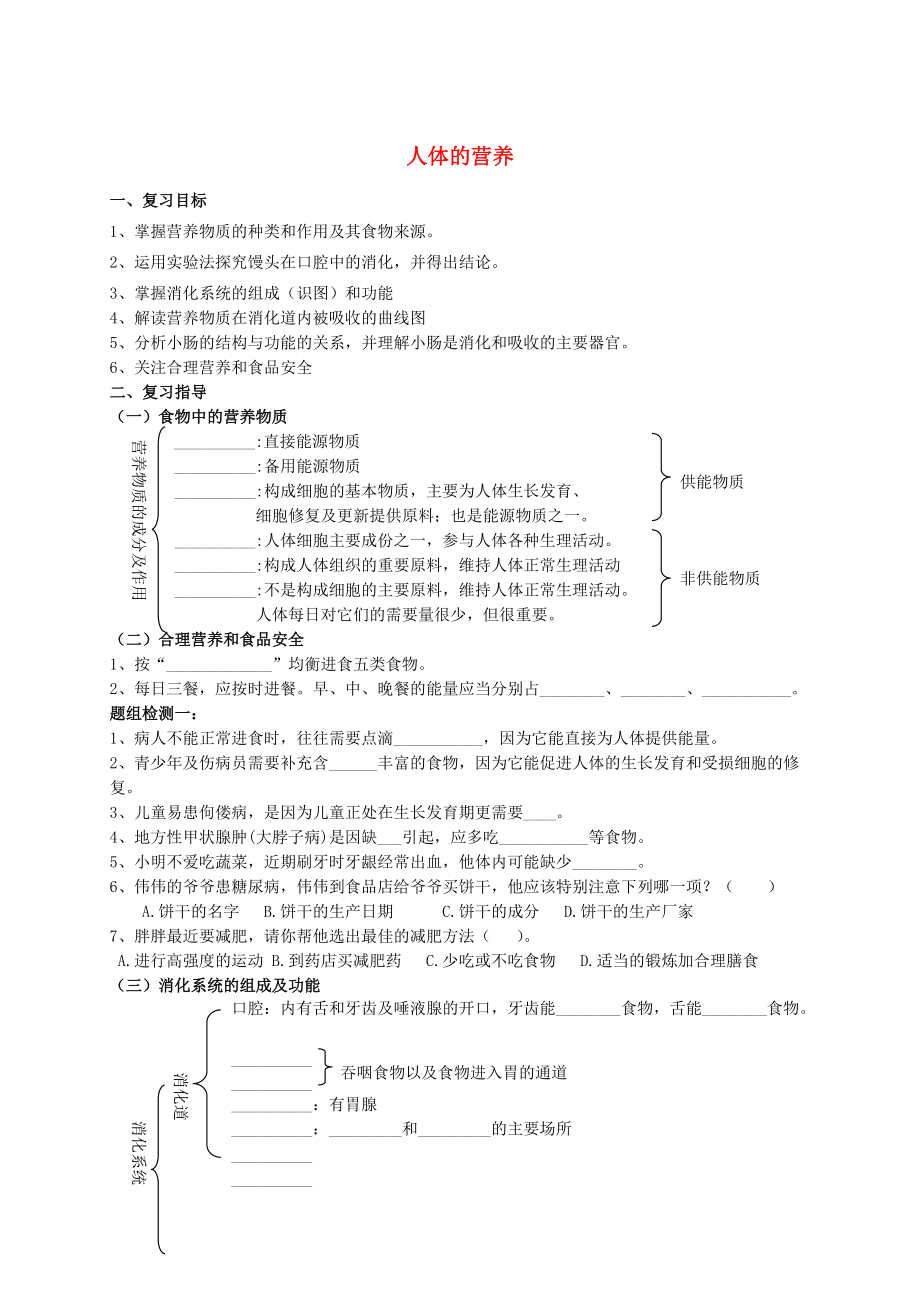 山东省泰安市新泰七年级生物下册 第二章复习学案 新人教版.doc_第1页