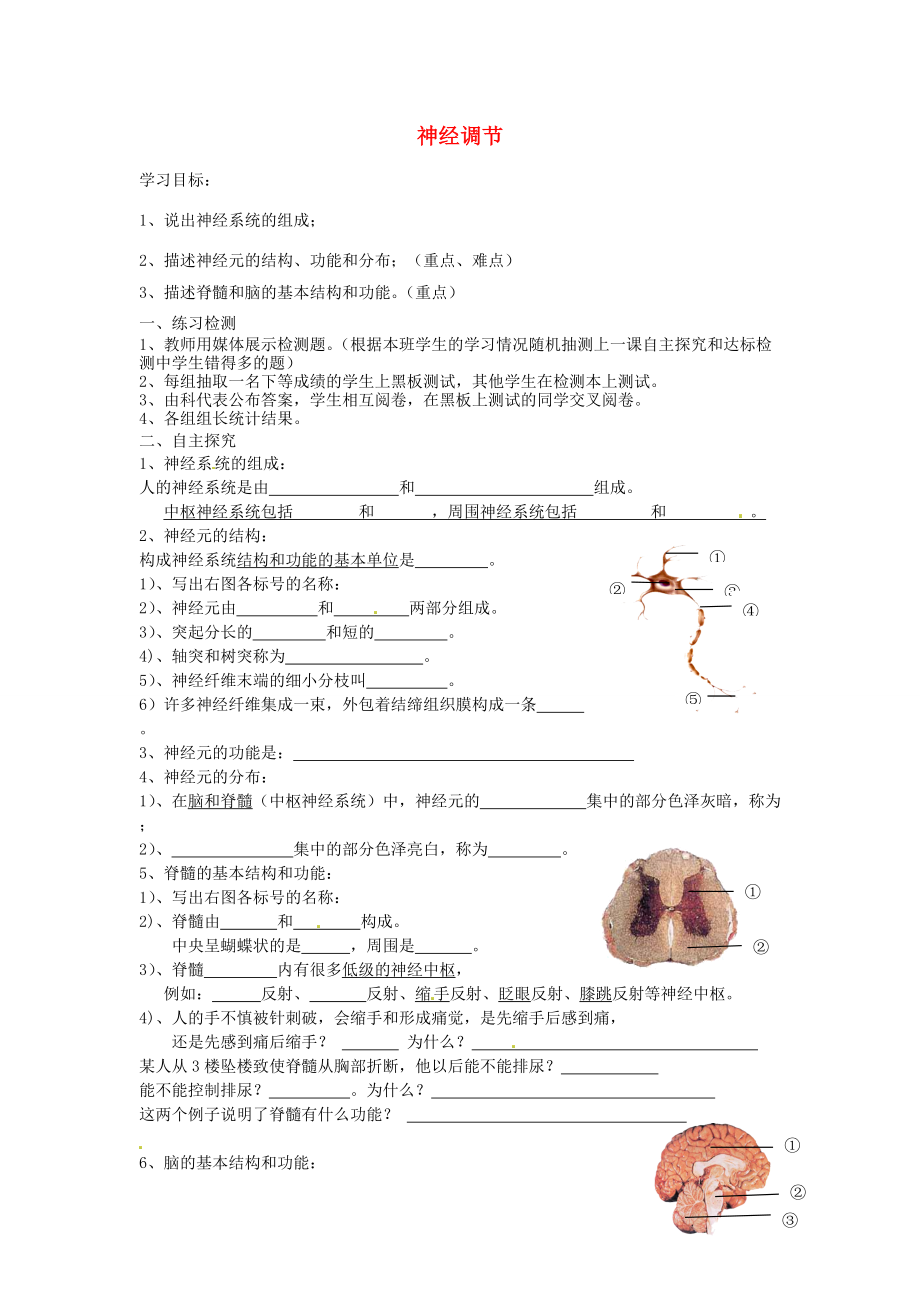 湖南省古丈县古阳七年级生物下册 第12章 第二节 神经调节（第一课时）导学案（无答案） 苏教版.doc_第1页