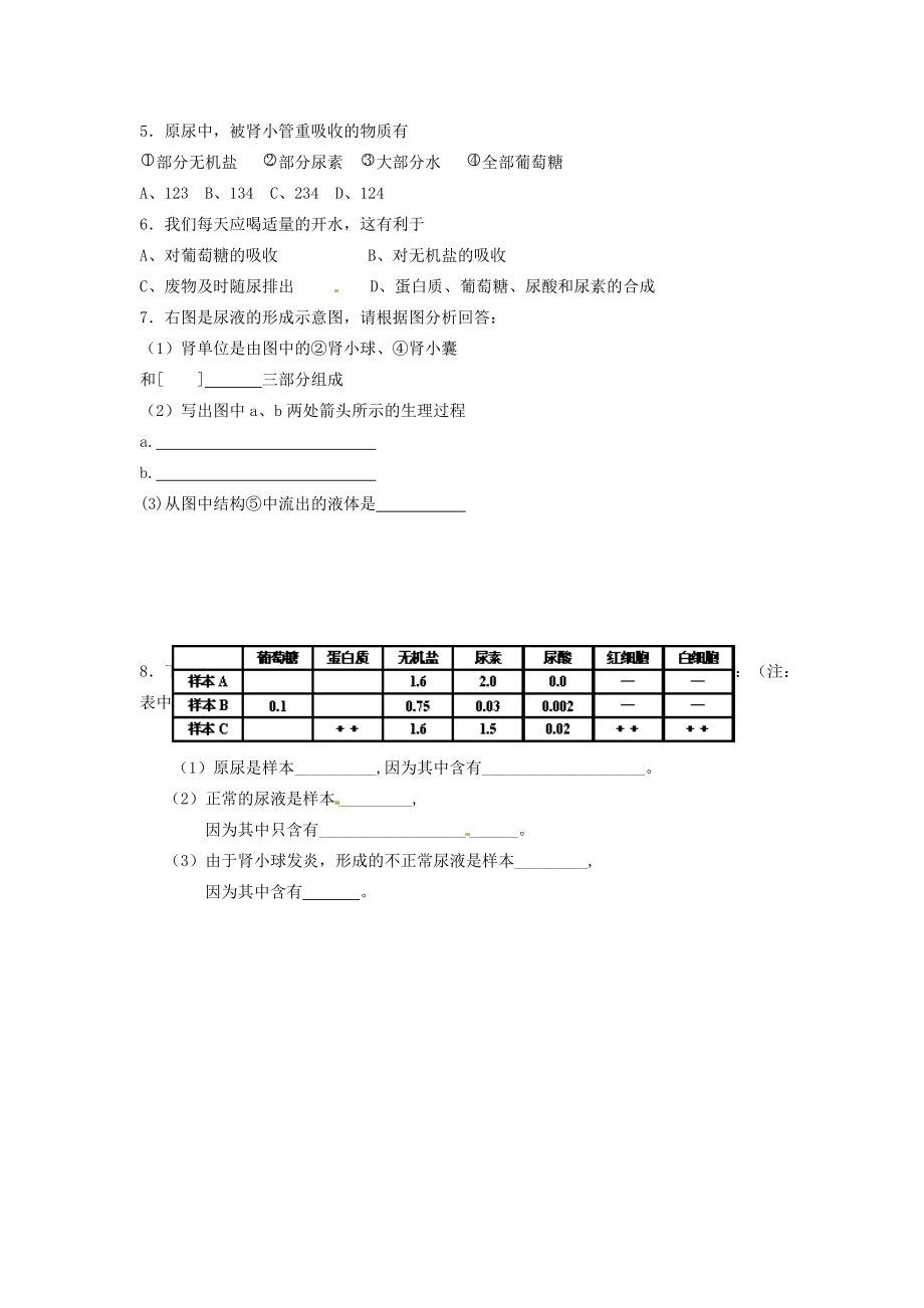 江苏省徐州市王杰八年级生物下册《期末复习5—概述尿液的形成和排出过程》学案 苏科版.doc_第2页