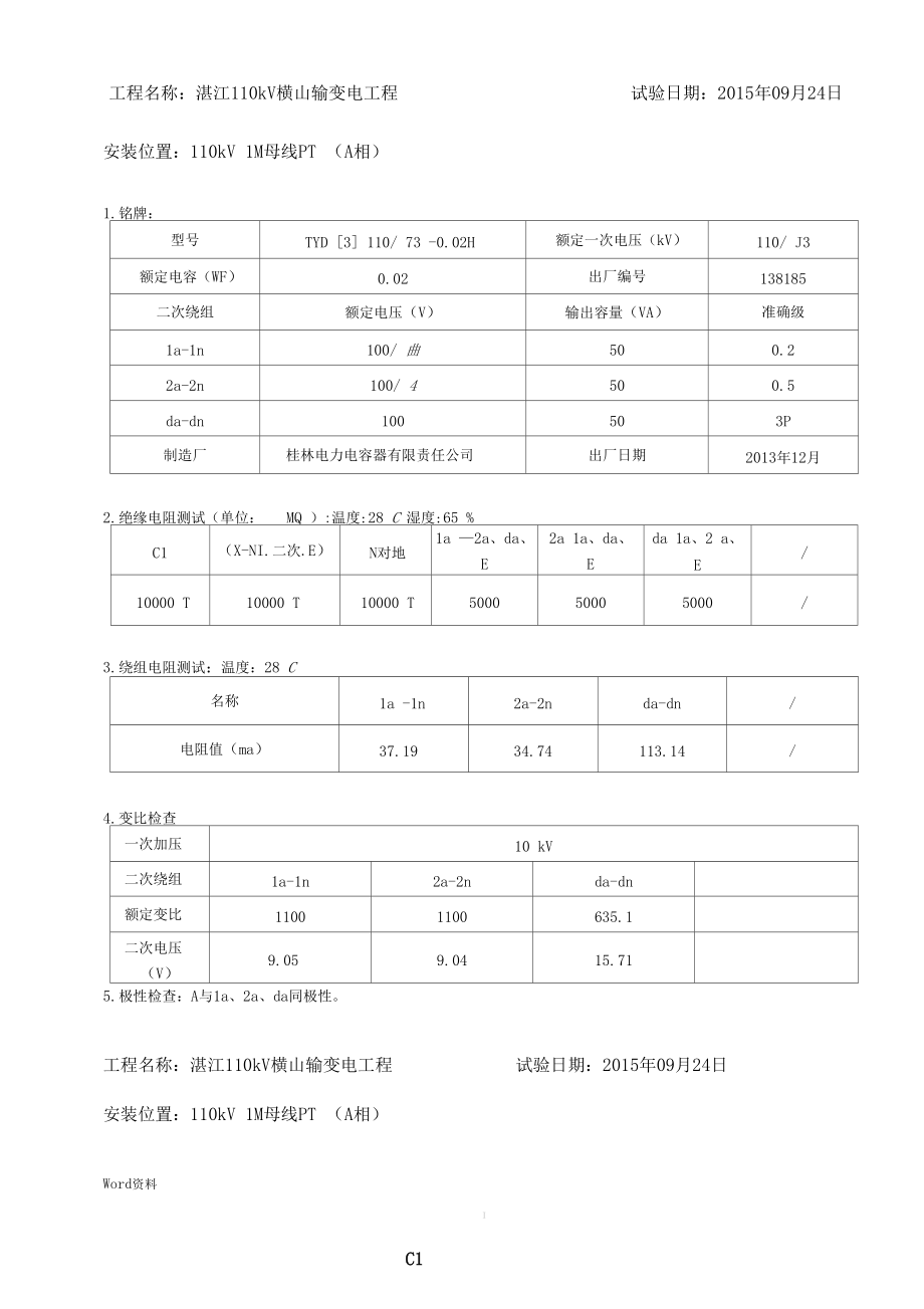 110kV电压互感器试验报告.docx_第1页