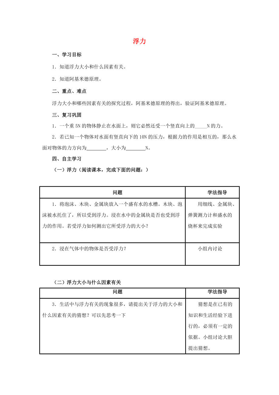 春八年级物理下册 10.1 浮力学案 （新版）新人教版-（新版）新人教版初中八年级下册物理学案.doc_第1页