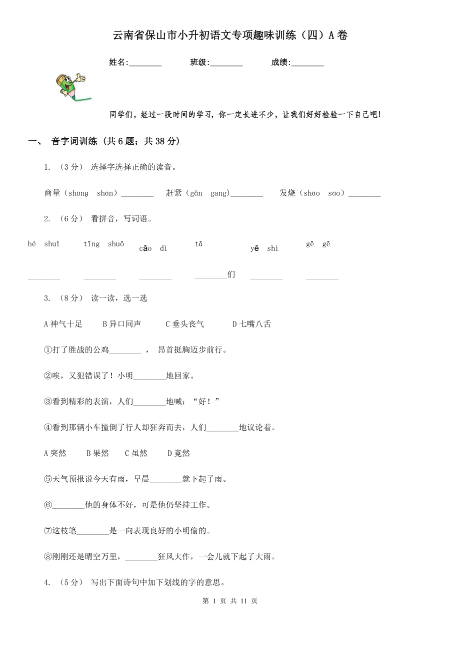 云南省保山市小升初语文专项趣味训练(四)A卷.doc_第1页