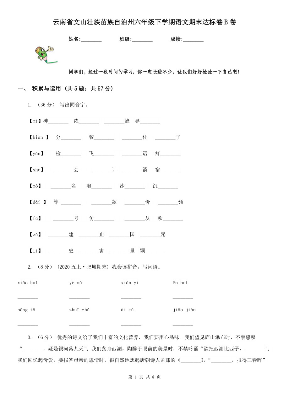 云南省文山壮族苗族自治州六年级下学期语文期末达标卷B卷.doc_第1页