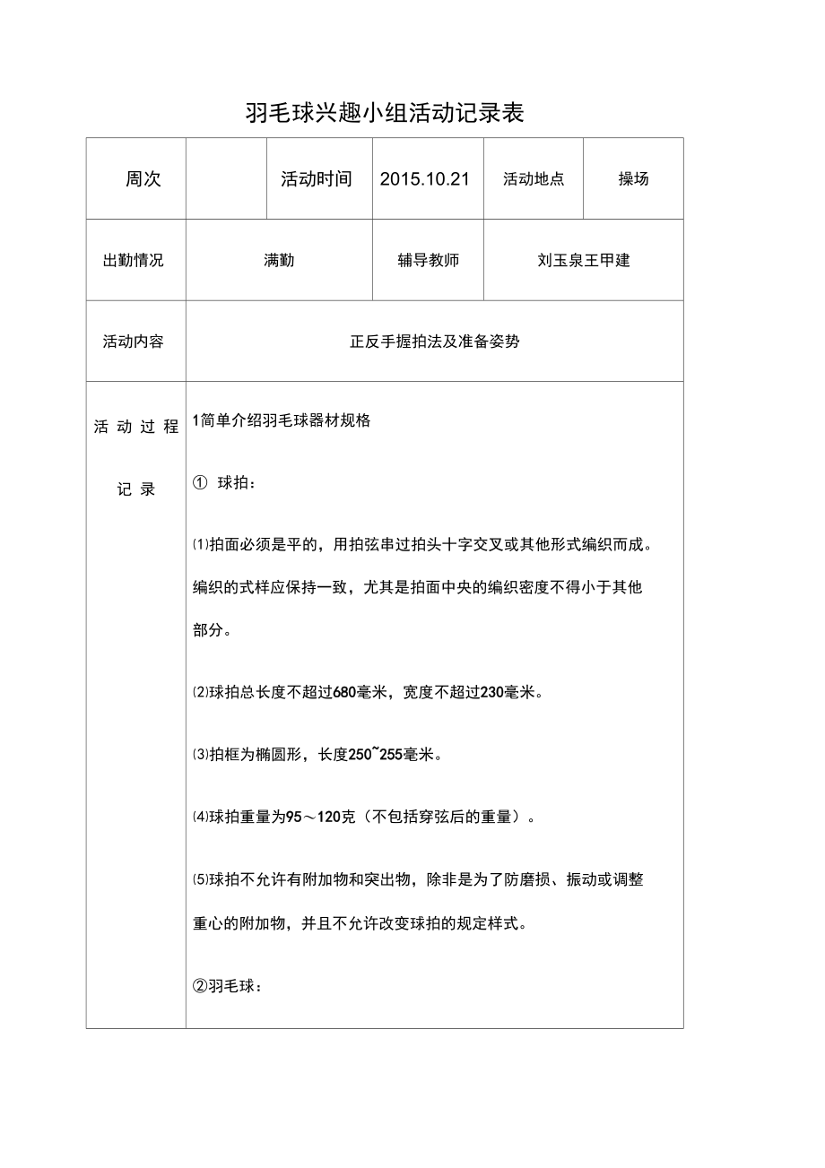 羽毛球兴趣小组活动记录表.doc_第1页