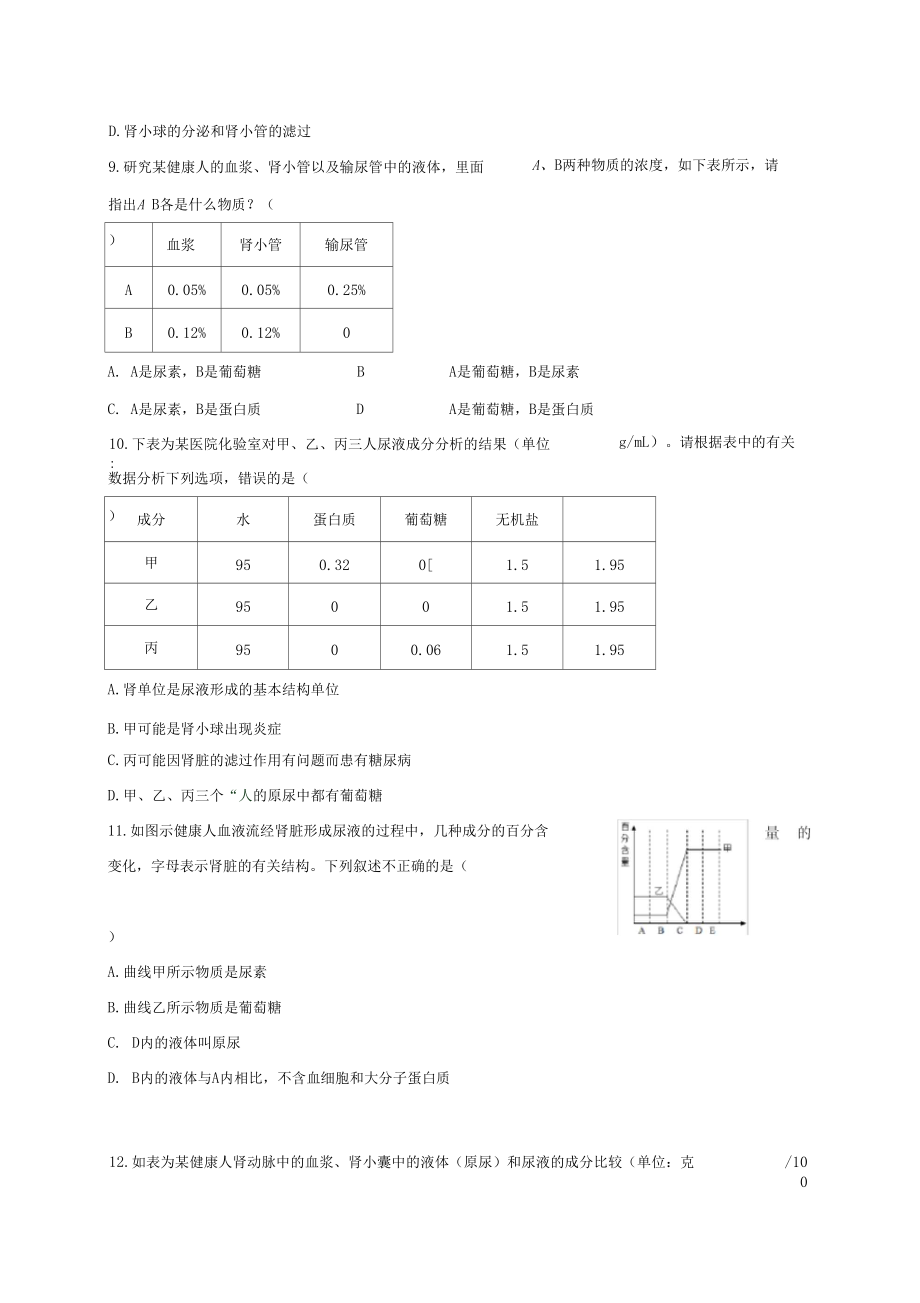 人教版七年级生物下册单元检测练习：第五章人体内废物的排出检测题含答案.docx_第3页