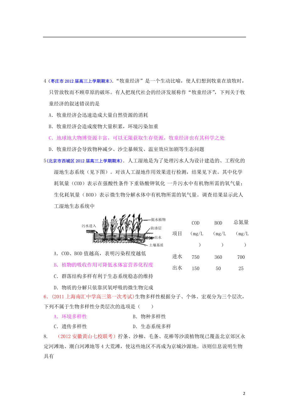 2013届高三生物一轮复习 稳态与环境 6 生态环境的保护课时训练 新人教版.doc_第2页