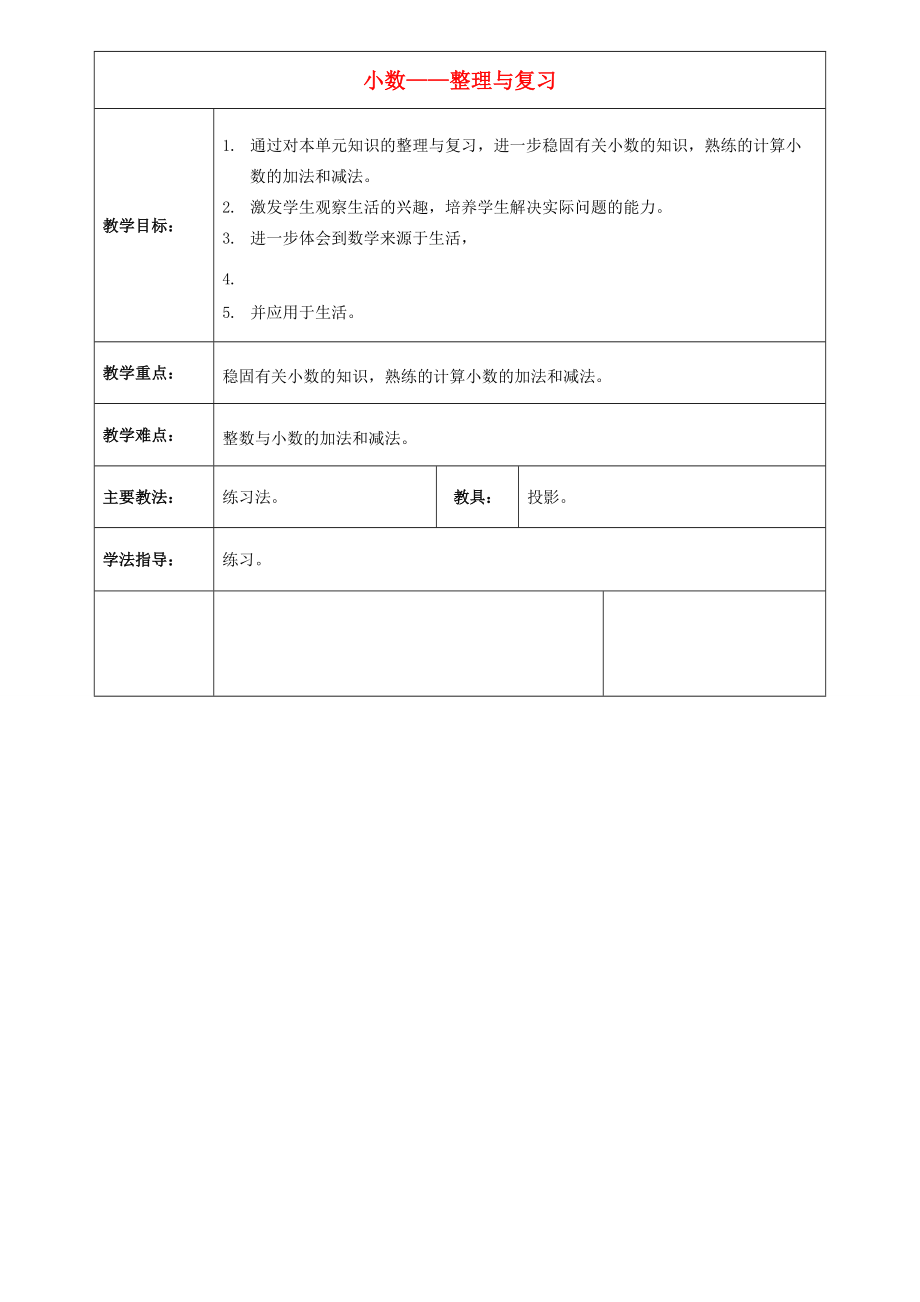 三年级数学下册 小数——整理与复习教案 北京版 教案.DOC_第1页