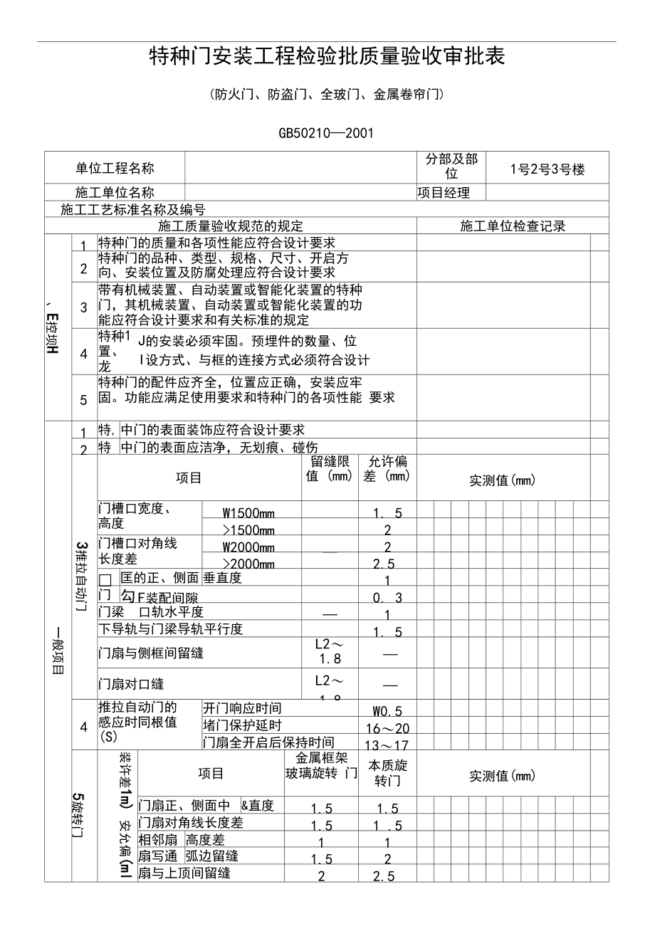 特种门安装工程检验批质量验收记录表.docx_第2页