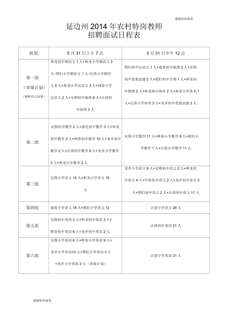 延边州2014年农村特岗教师招聘面试日程表.docx_第1页