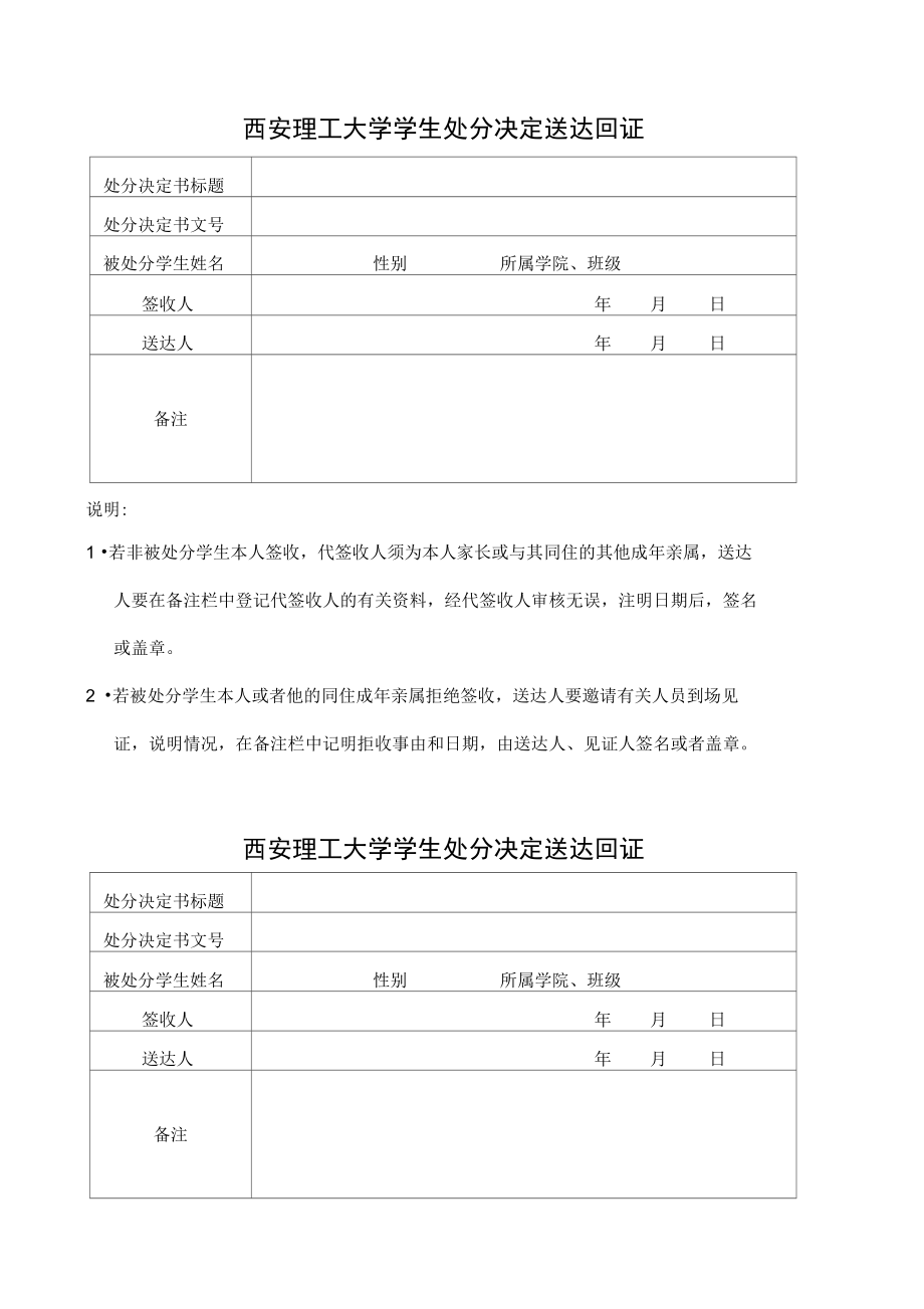 西安理工大学学生处分决定送达回证.doc_第1页