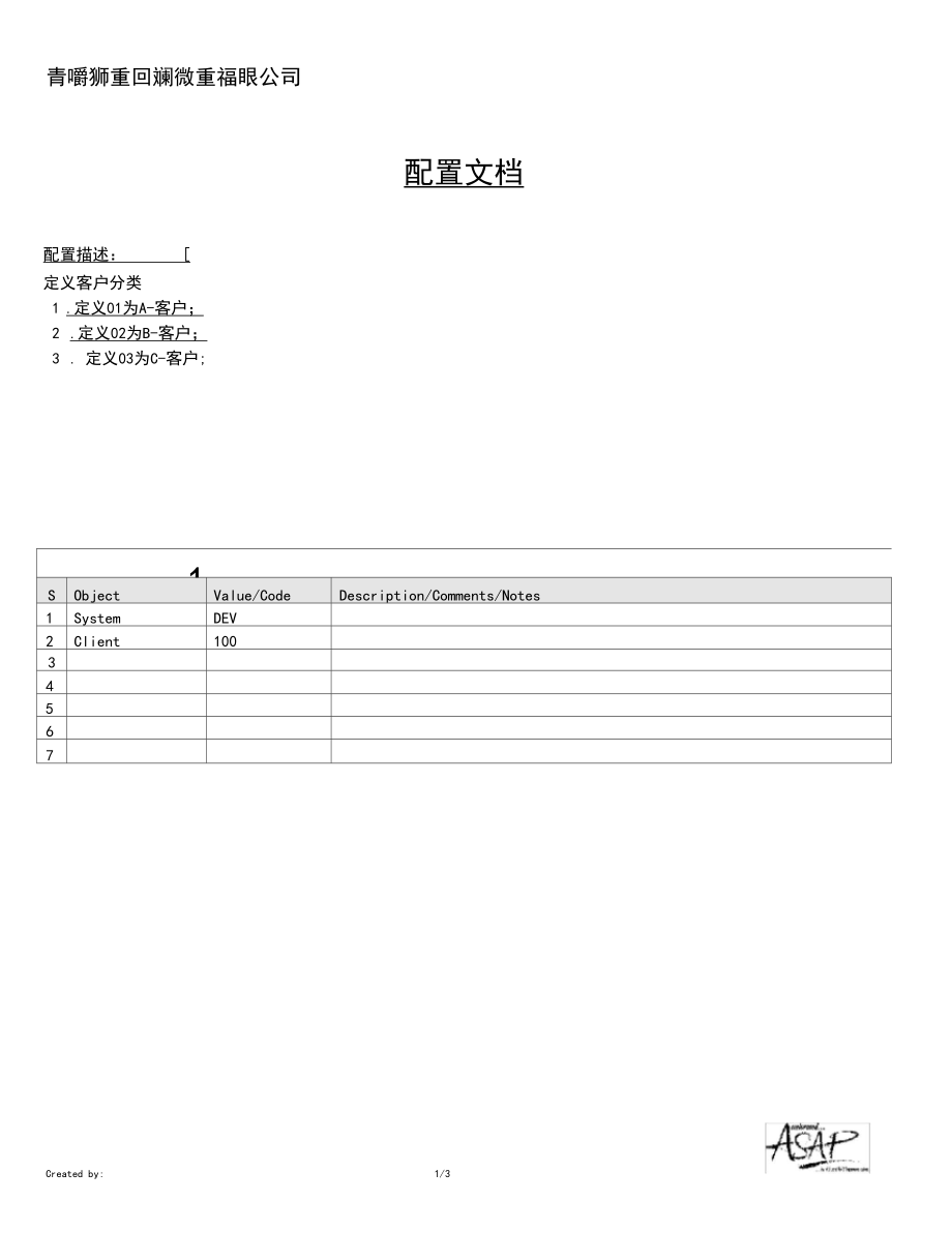 151全套资料_青岛狮王日化SAP实施项目_SD_配置文档_主数据：定义客户分类.docx_第1页